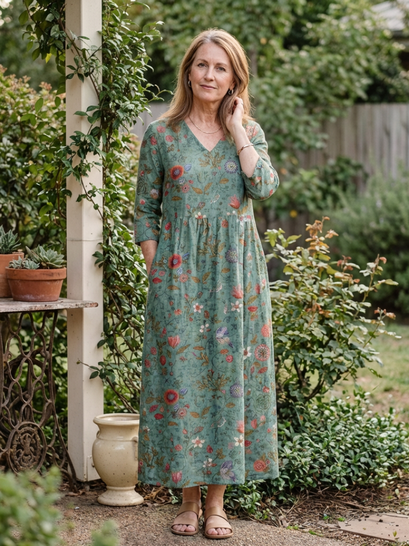 Marina | Floral V-Neck Three-Quarter Sleeve Maxi Dress