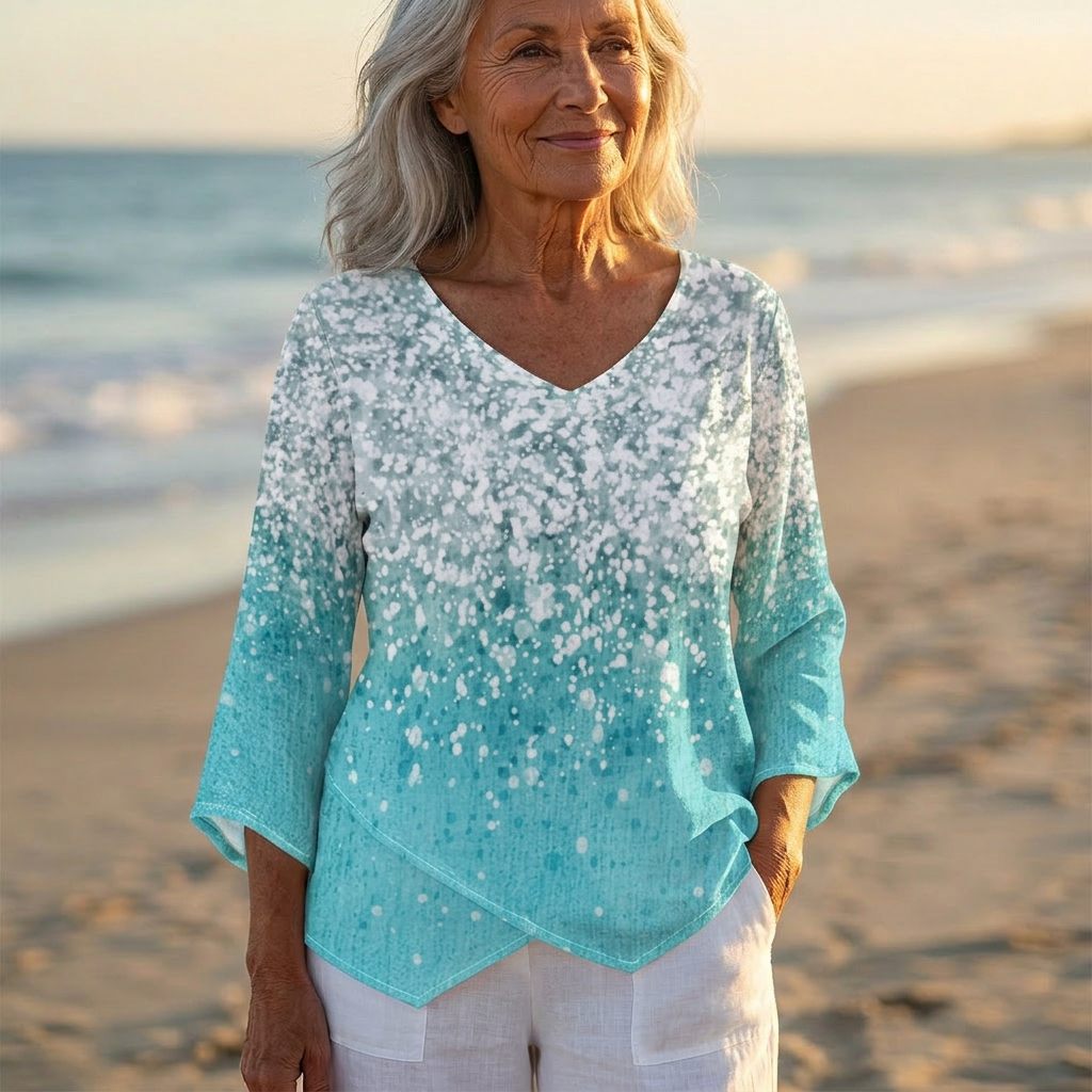 Luna - V-Neck Asymmetric Blouse | Teal Snow Fade