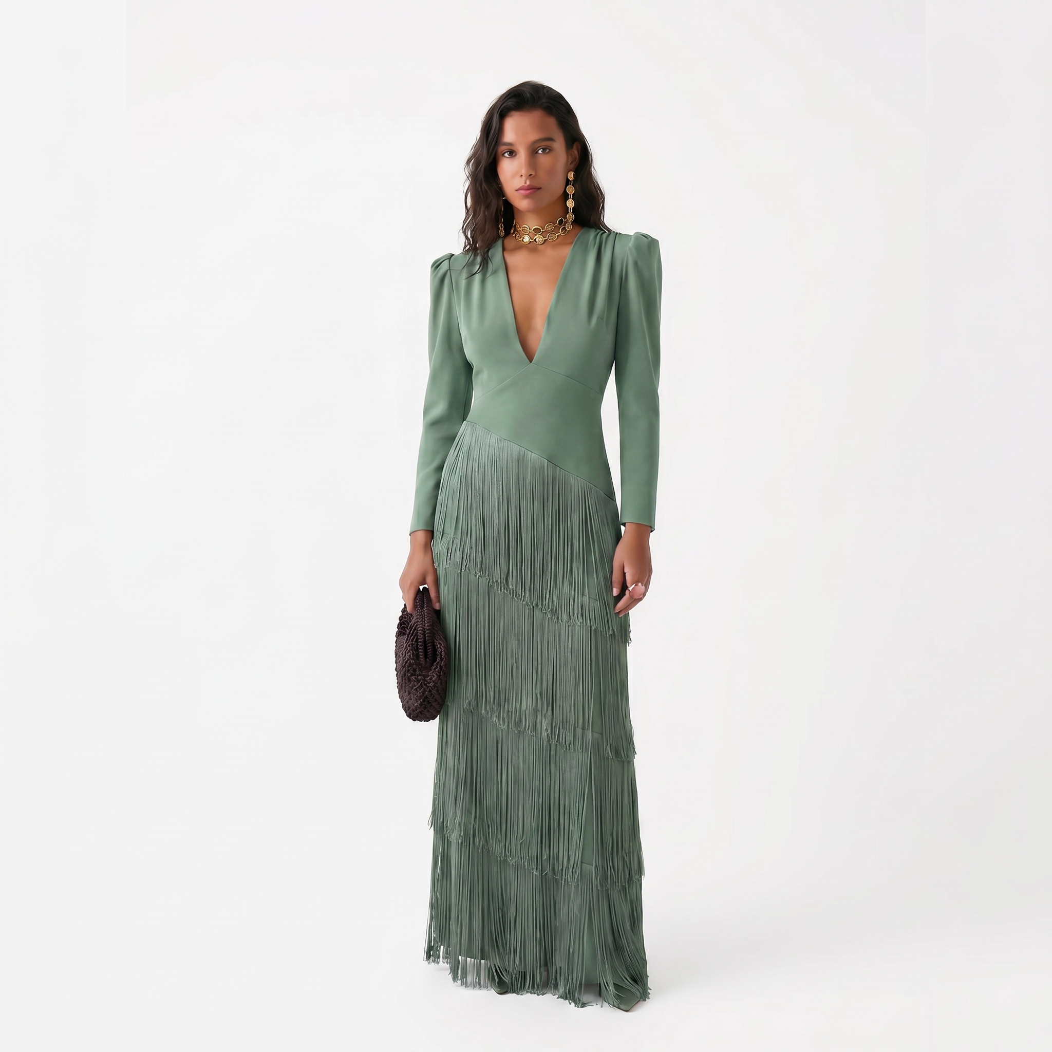Tiered Fringe Maxi Dress with Long Sleeves and V-Neckline