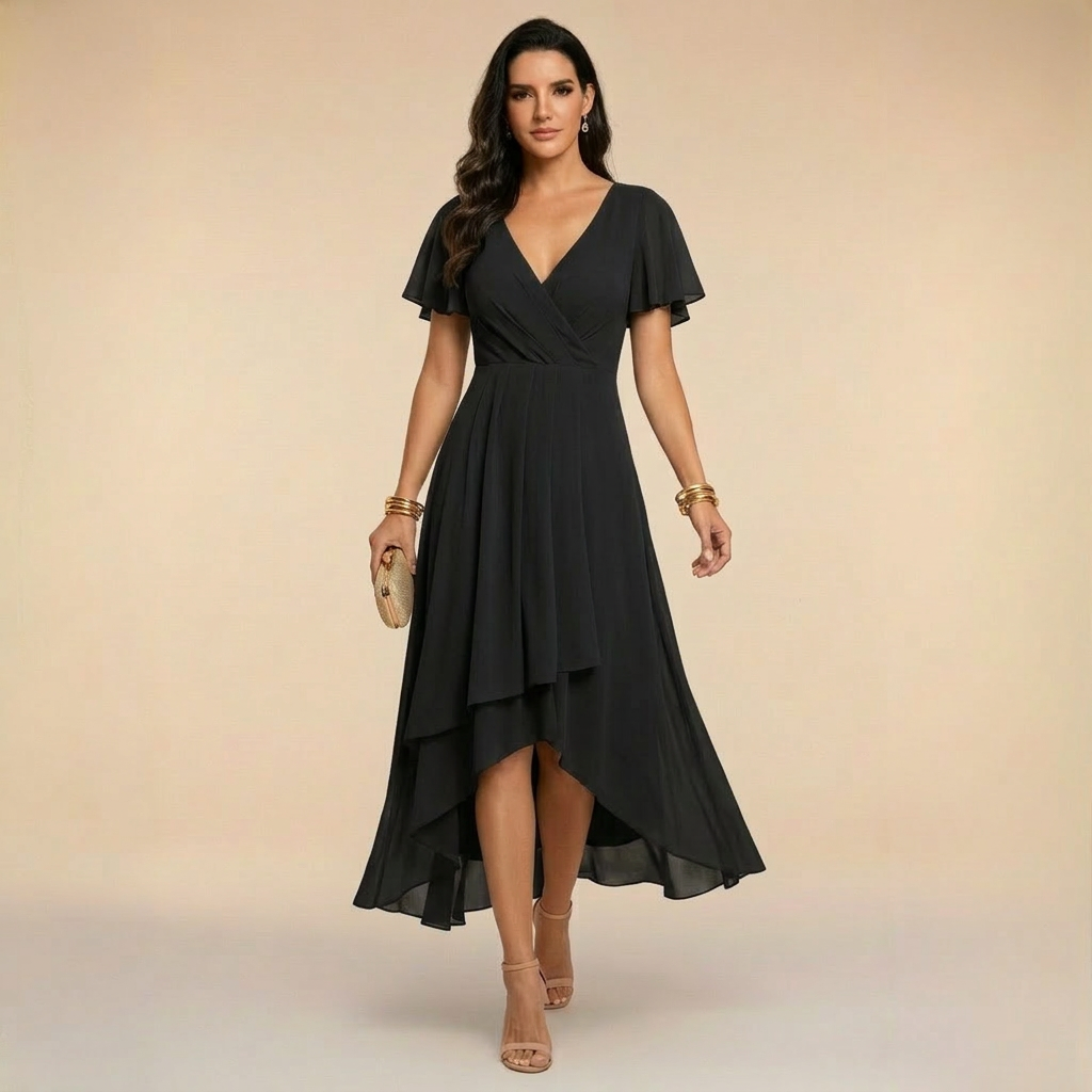 Aurora - Flutter Sleeve Wrap High-Low Midi Dress