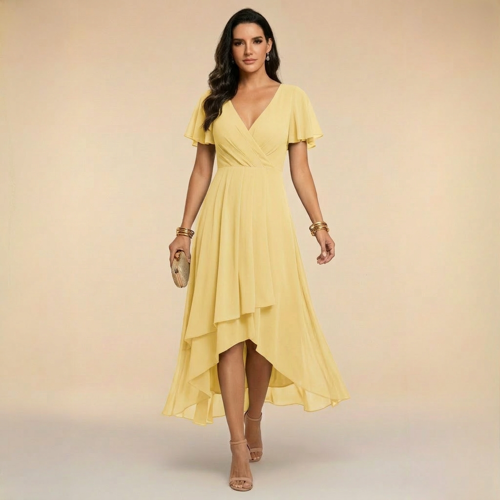 Aurora - Flutter Sleeve Wrap High-Low Midi Dress