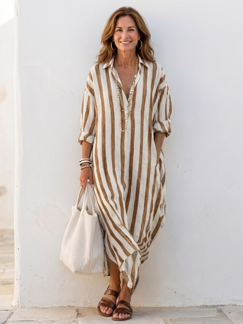 Naomi | Rochie cămașă midi cu mânecă lungă și dungi
