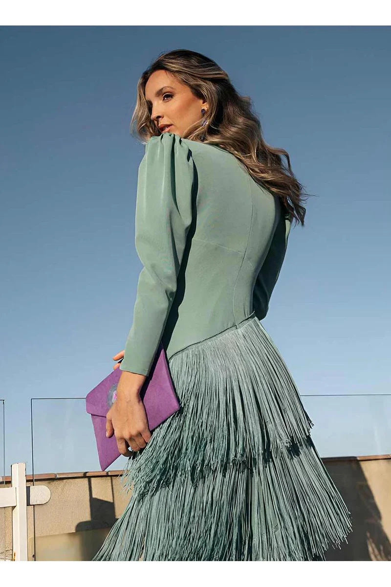 Tiered Fringe Maxi Dress with Long Sleeves and V-Neckline