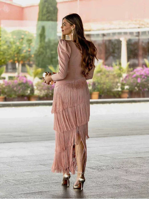 Tiered Fringe Maxi Dress with Long Sleeves and V-Neckline