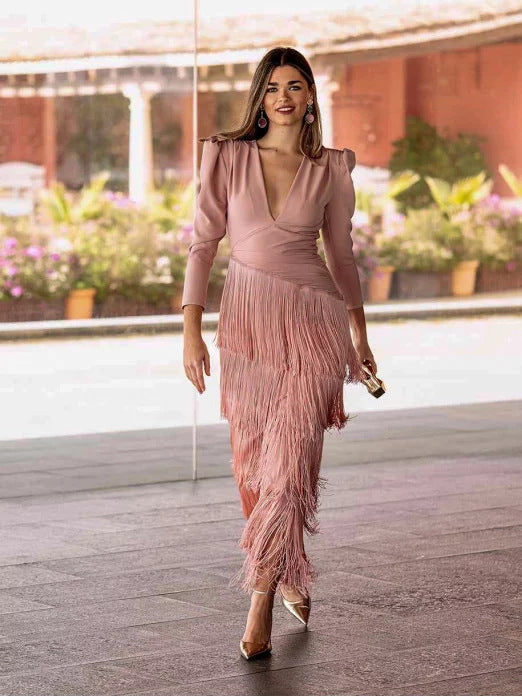 Tiered Fringe Maxi Dress with Long Sleeves and V-Neckline