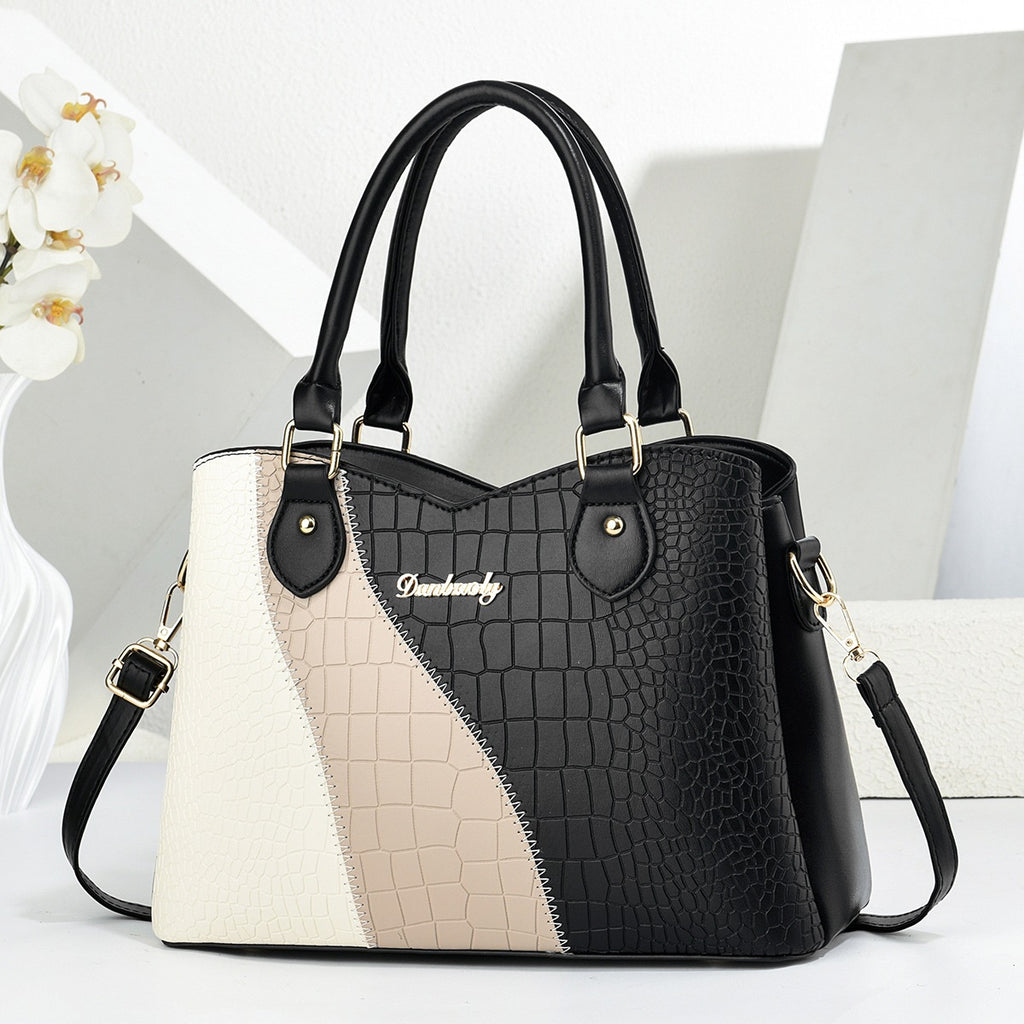 Color Block Croc-Embossed Handbag with Crossbody Strap