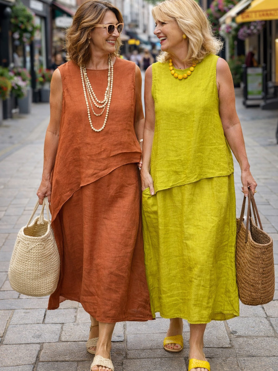 Asymmetric Linen Midi Dress with Layered Hem