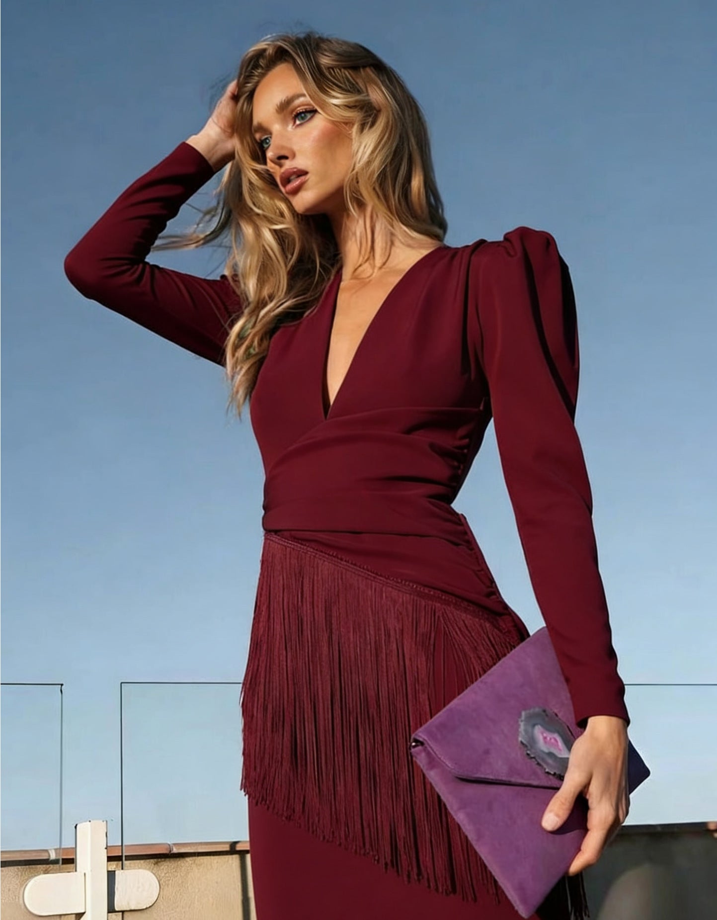 Tiered Fringe Maxi Dress with Long Sleeves and V-Neckline