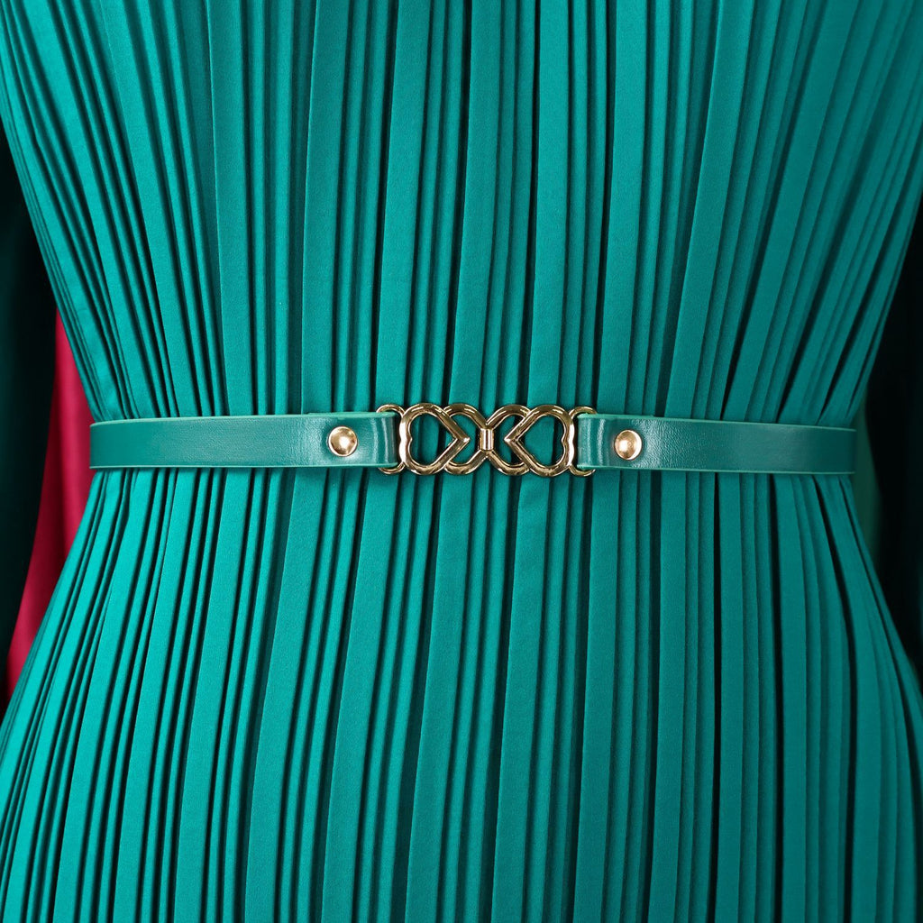 Pleated Midi Dress with Flower Brooch and Belt Detail