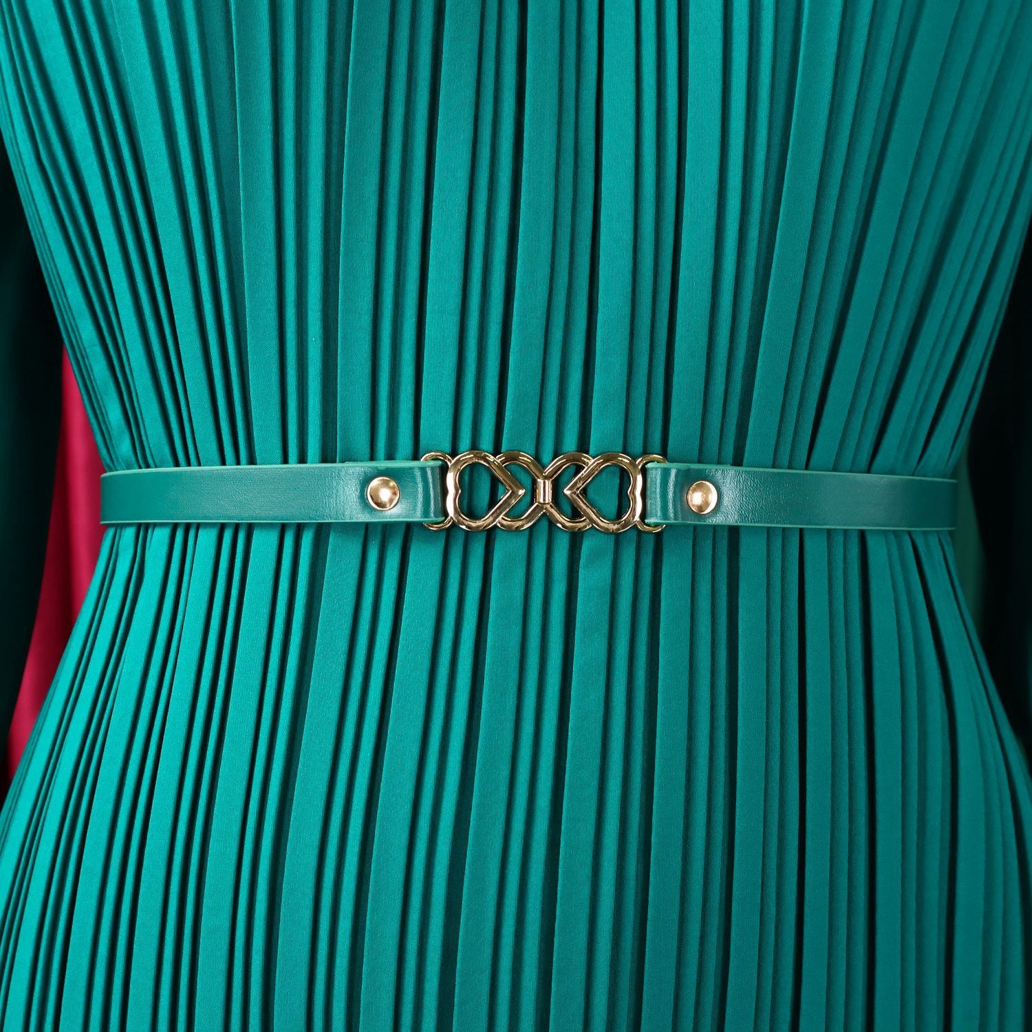 Pleated Midi Dress with Flower Brooch and Belt Detail