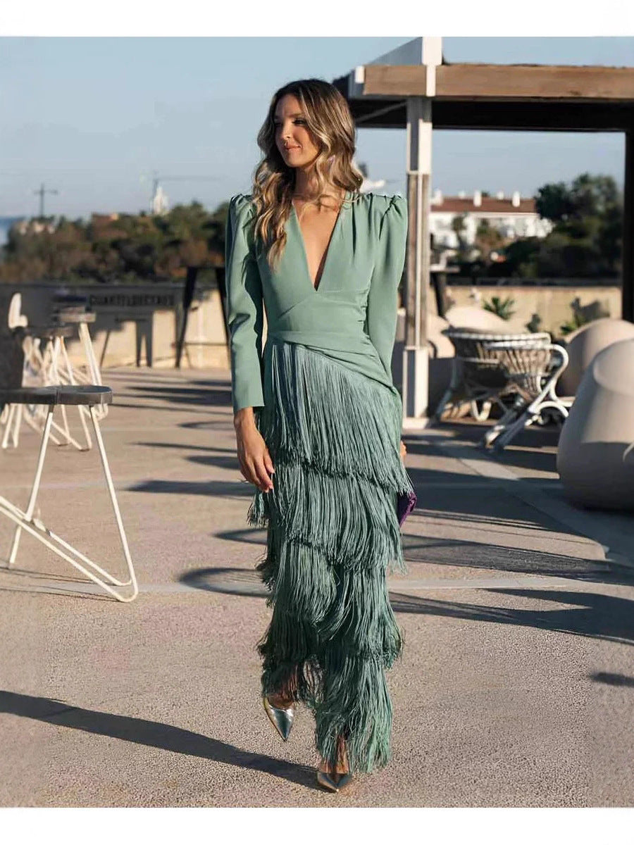 Tiered Fringe Maxi Dress with Long Sleeves and V-Neckline