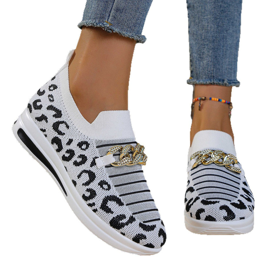 Stella - Leopard Print Slip-On Sneakers with Gold Chain Detail