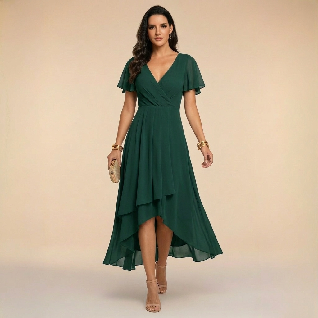 Aurora - Flutter Sleeve Wrap High-Low Midi Dress