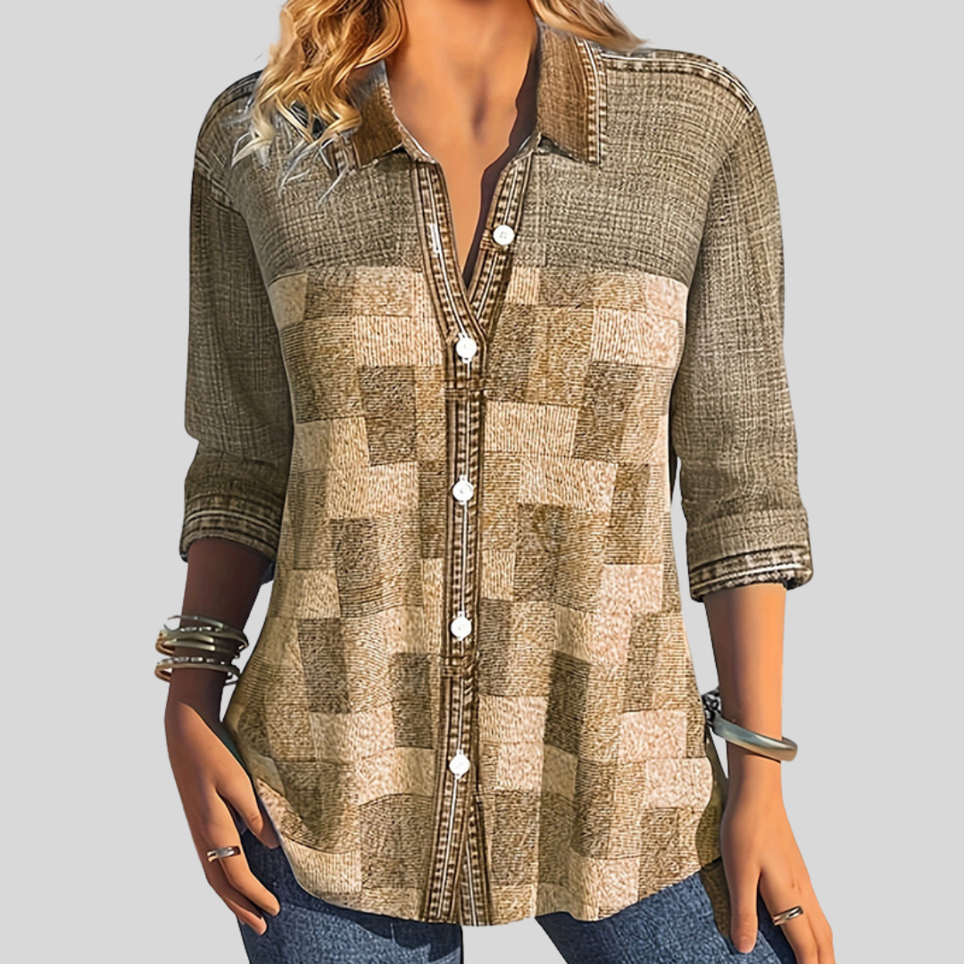 Vera - Patchwork Print Button-Up Long-Sleeve Women's Blouse