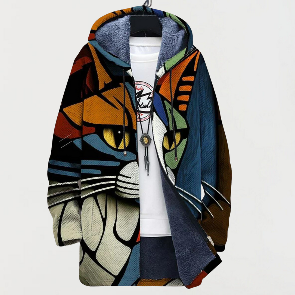 Cardigan with Abstract Pattern and Cat Face