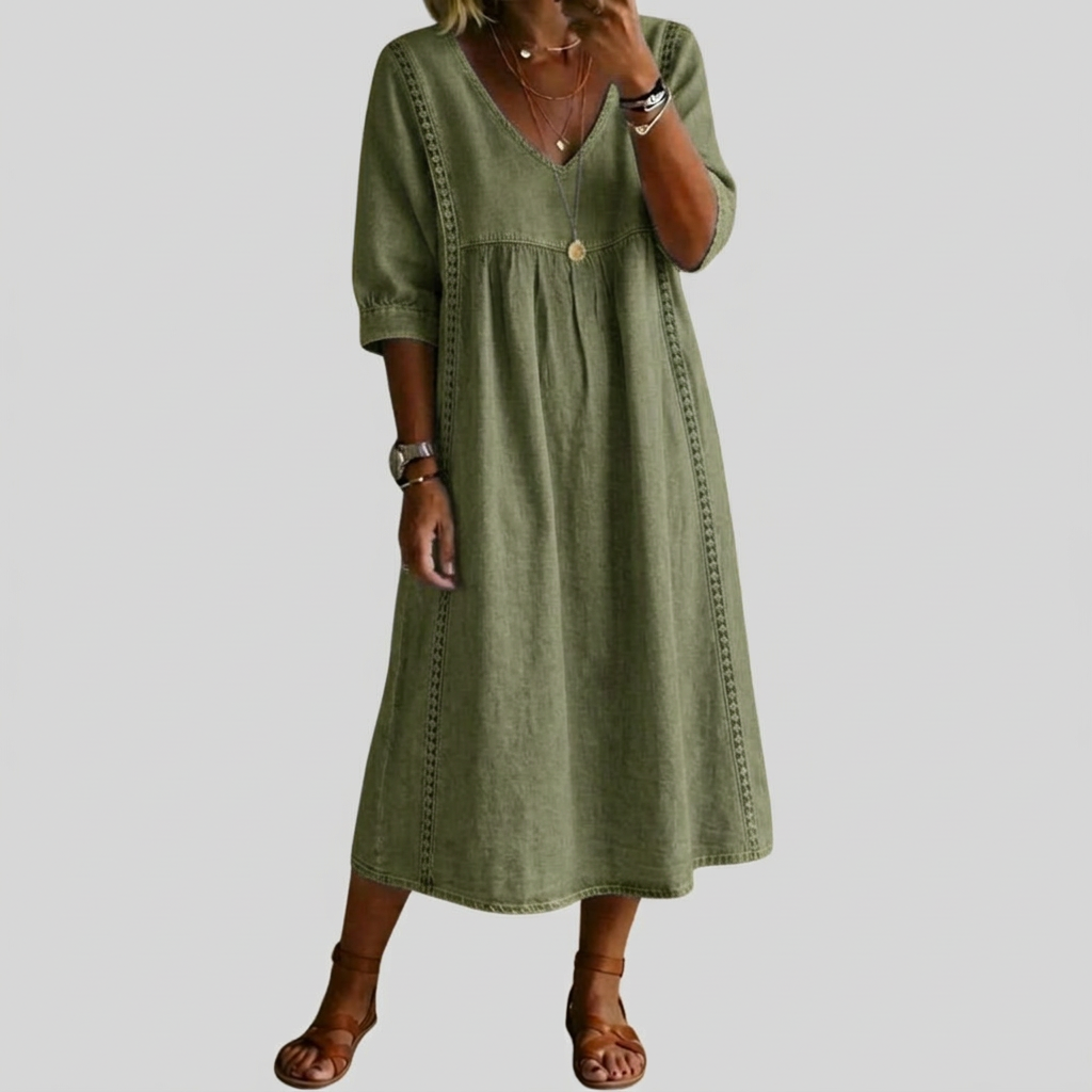 Elena – Elegant Lace Trim Dress in Cotton-Linen Blend
