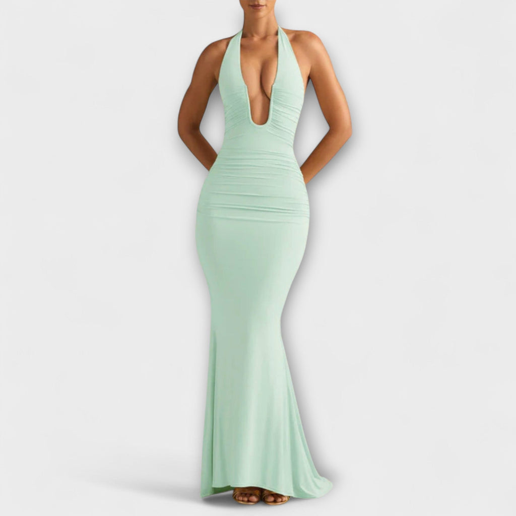 Elegant gala dress with an open back and impressive neckline