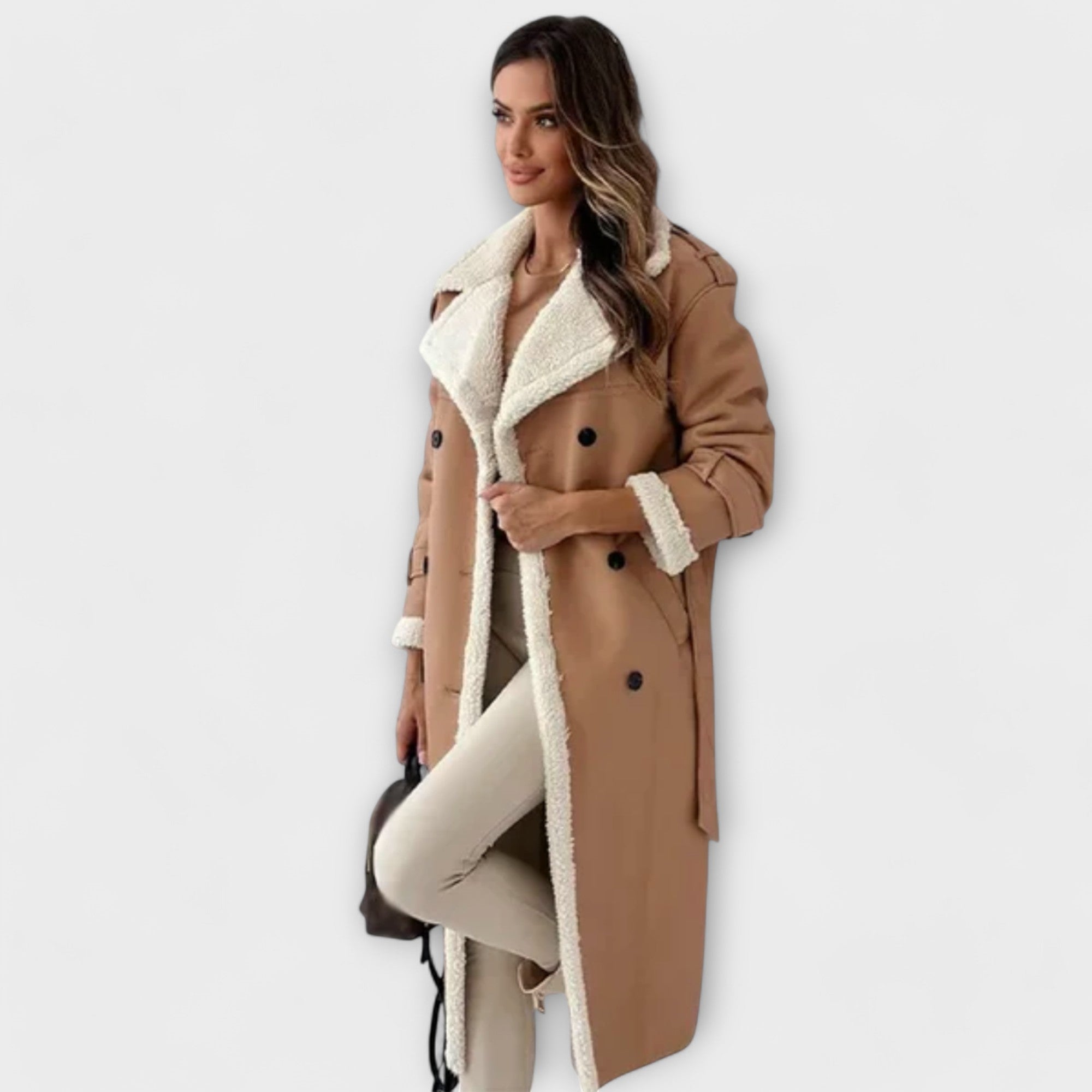Marija – Long Classic Jacket with Fleece Lining and Teddy Bear Collar