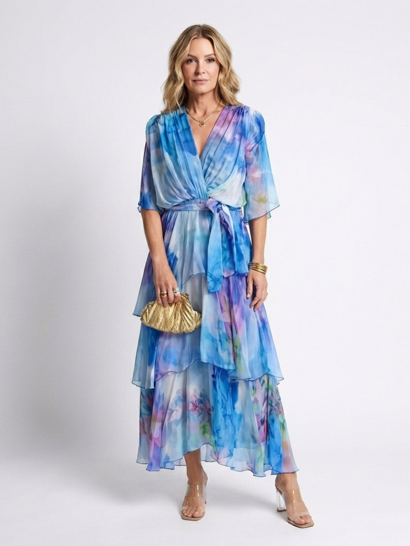 Calista | Tiered V-Neck Tie-Waist Maxi Dress