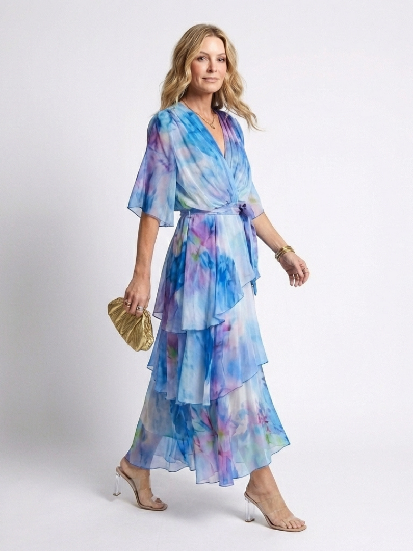 Calista | Tiered V-Neck Tie-Waist Maxi Dress