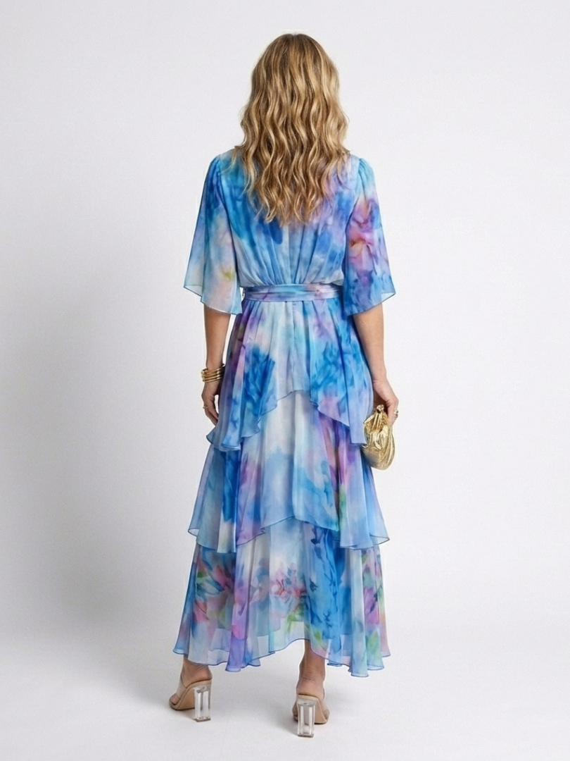 Calista | Tiered V-Neck Tie-Waist Maxi Dress