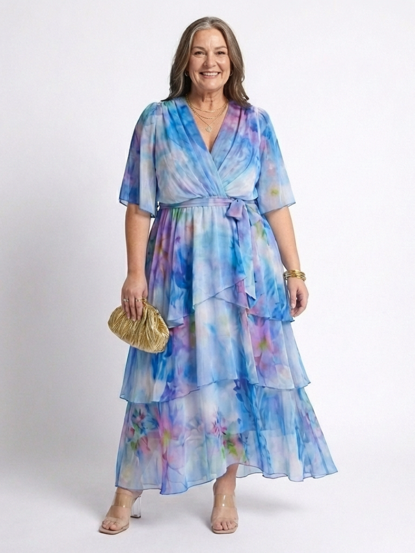 Calista | Tiered V-Neck Tie-Waist Maxi Dress