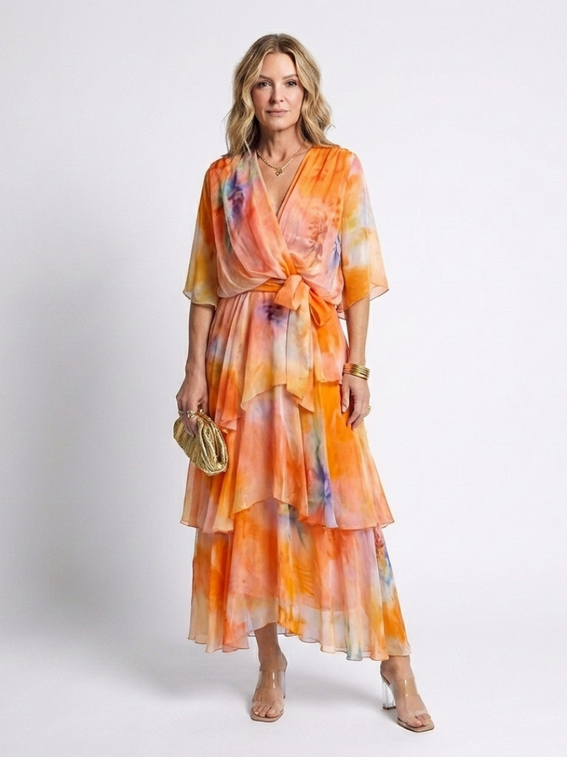 Calista | Tiered V-Neck Tie-Waist Maxi Dress