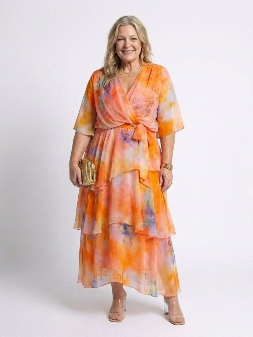 Calista | Tiered V-Neck Tie-Waist Maxi Dress