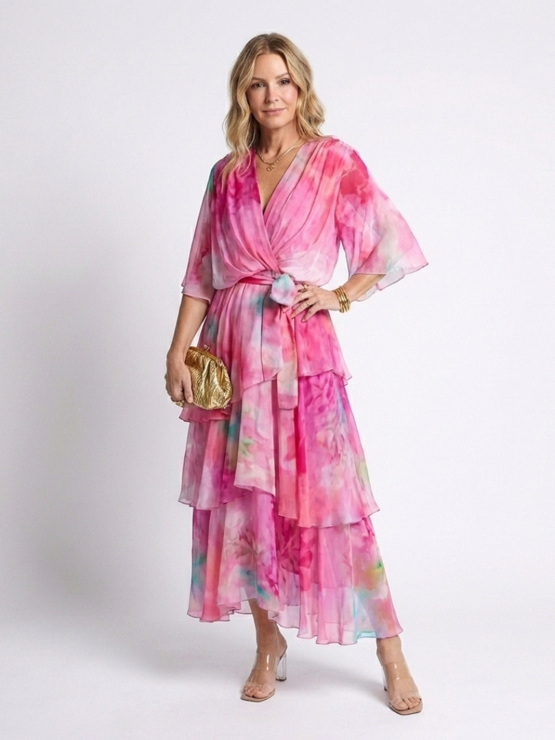 Calista | Tiered V-Neck Tie-Waist Maxi Dress