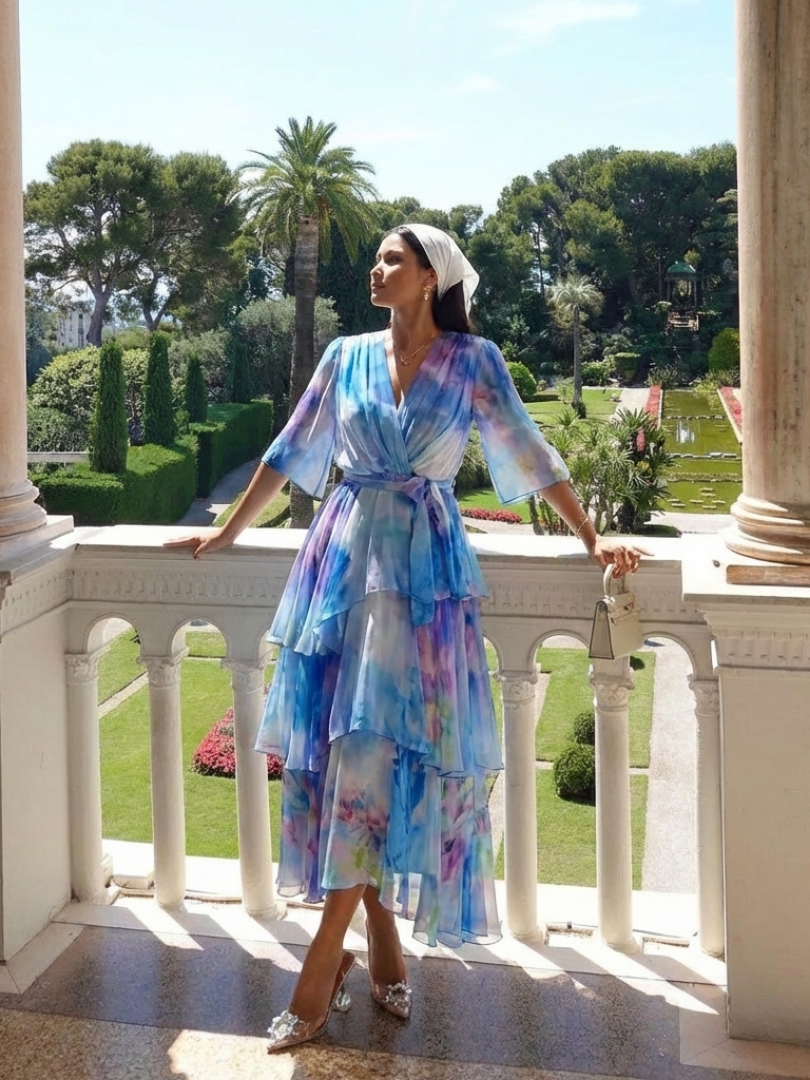 Calista | Tiered V-Neck Tie-Waist Maxi Dress
