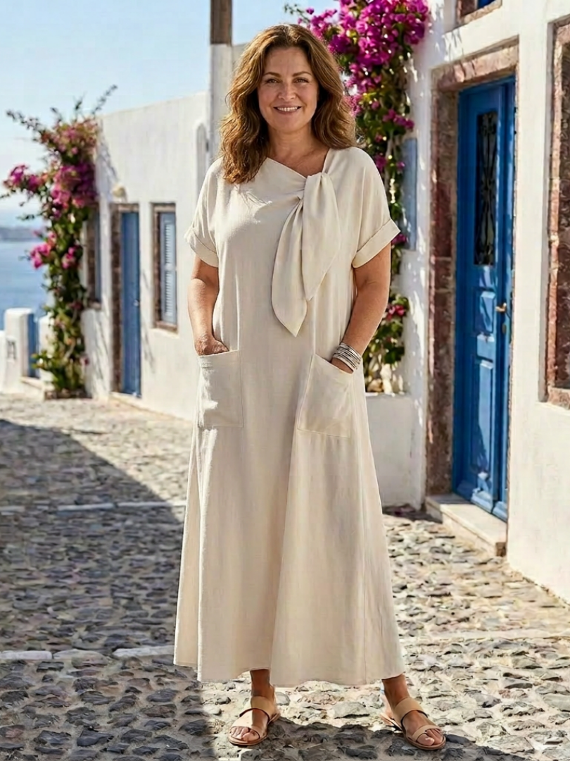 Elowyn | Rochie maxi cu guler rotund și mânecă scurtă, cu buzunare
