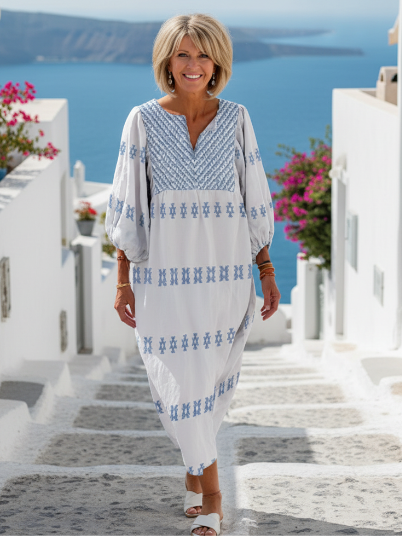 Evadne | Rochie Maxi Brodată cu Mâneci Lungi și Decupaj în V