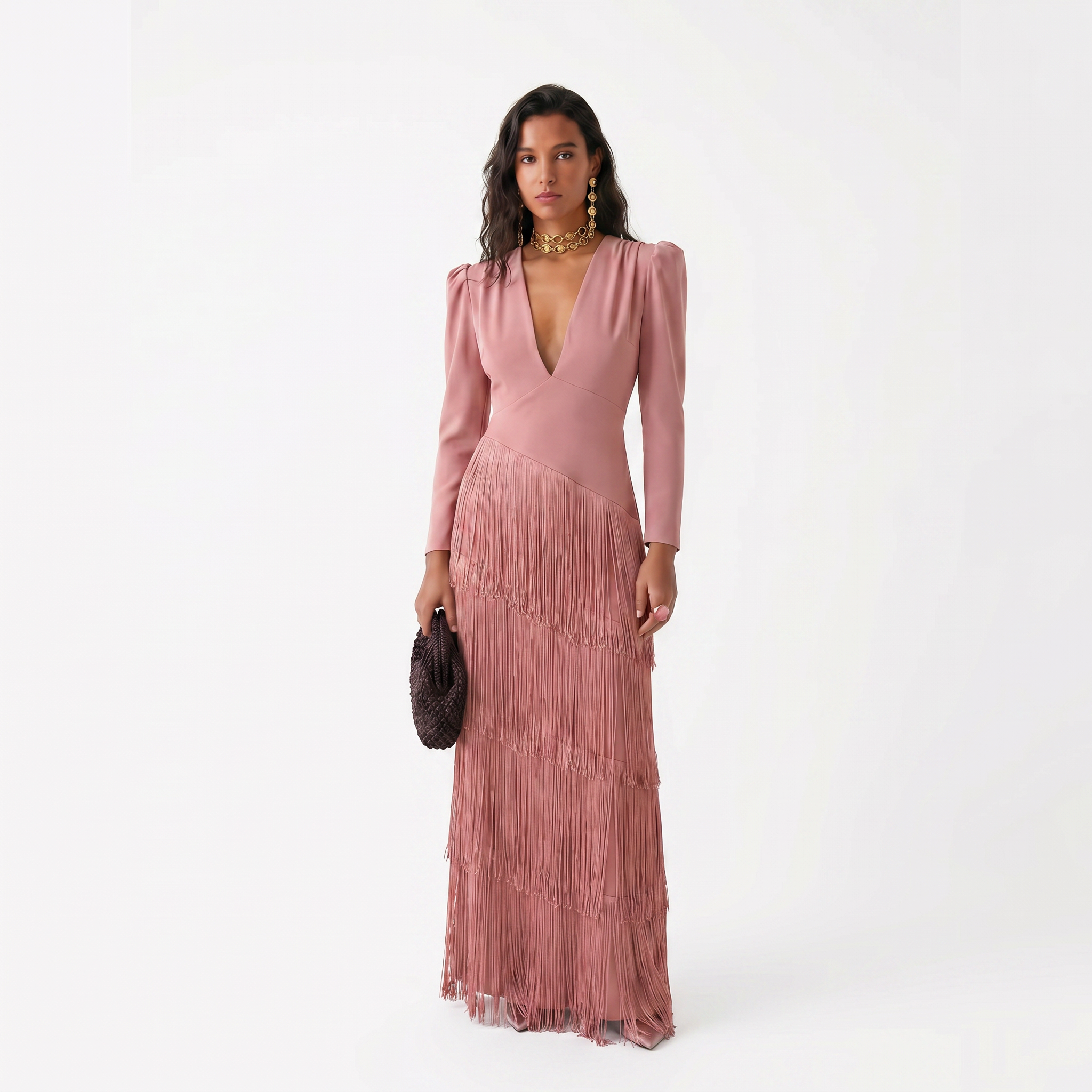 Tiered Fringe Maxi Dress with Long Sleeves and V-Neckline
