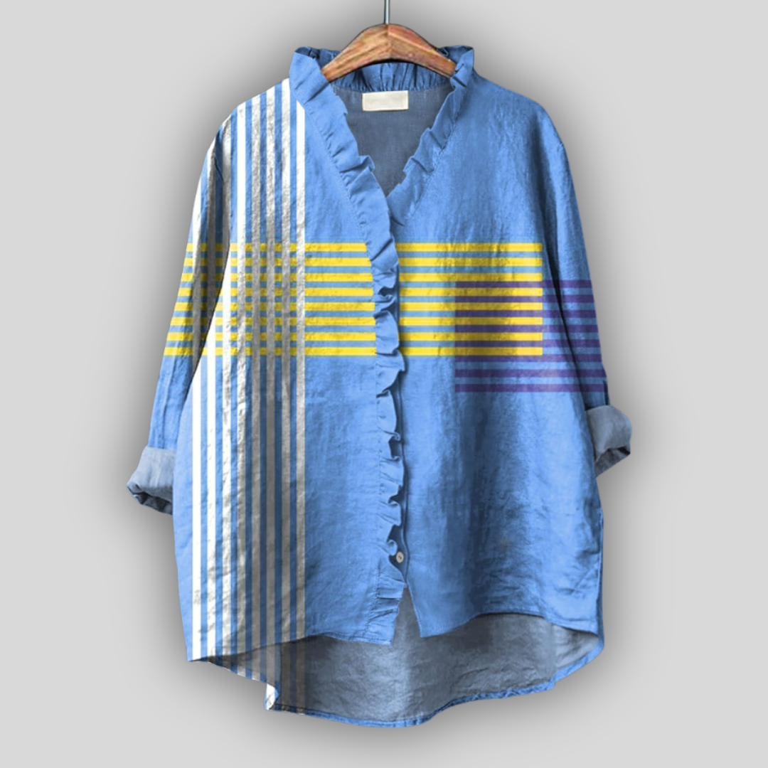 Blue linen blouse with ruffles and striped details