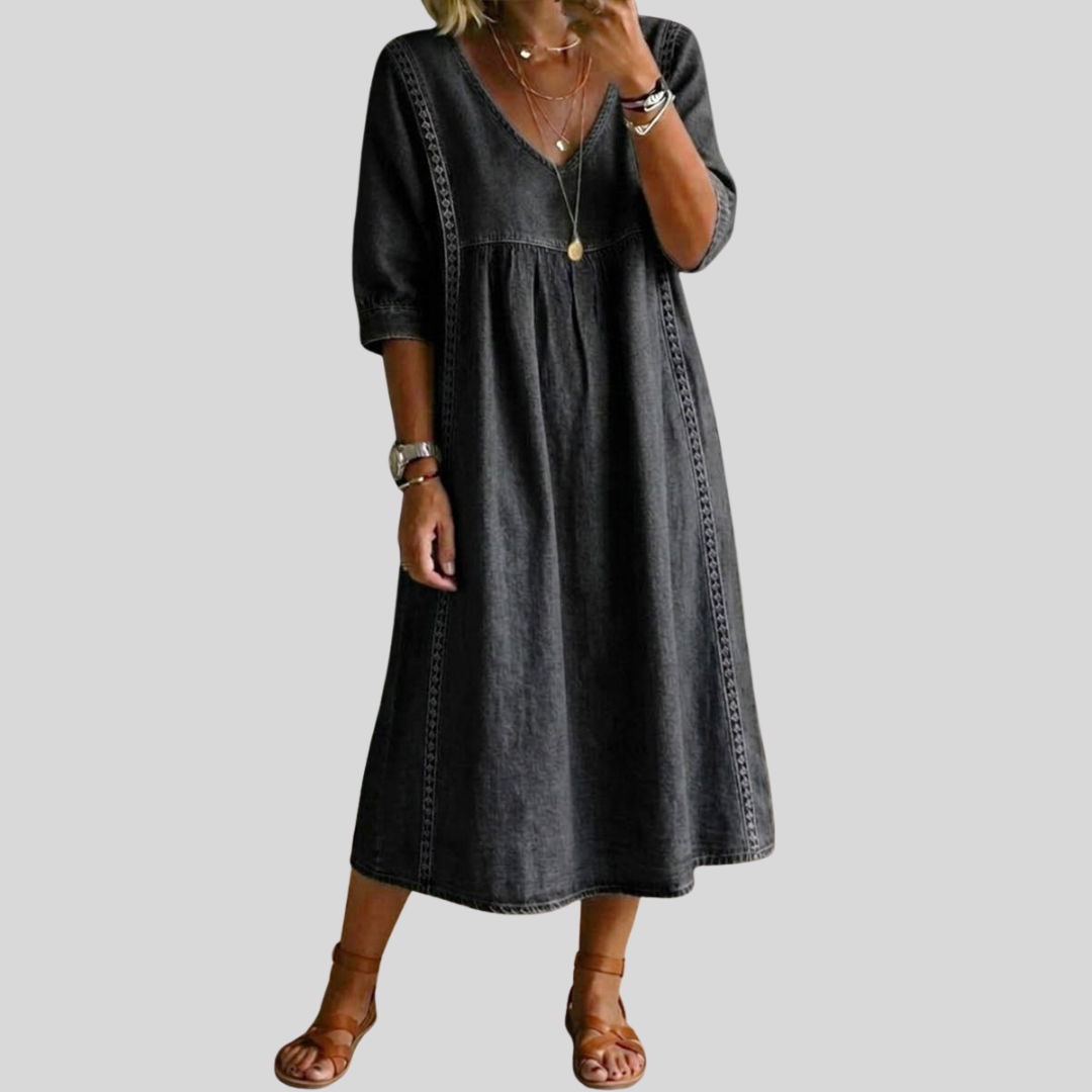 Elena – Elegant Lace Trim Dress in Cotton-Linen Blend