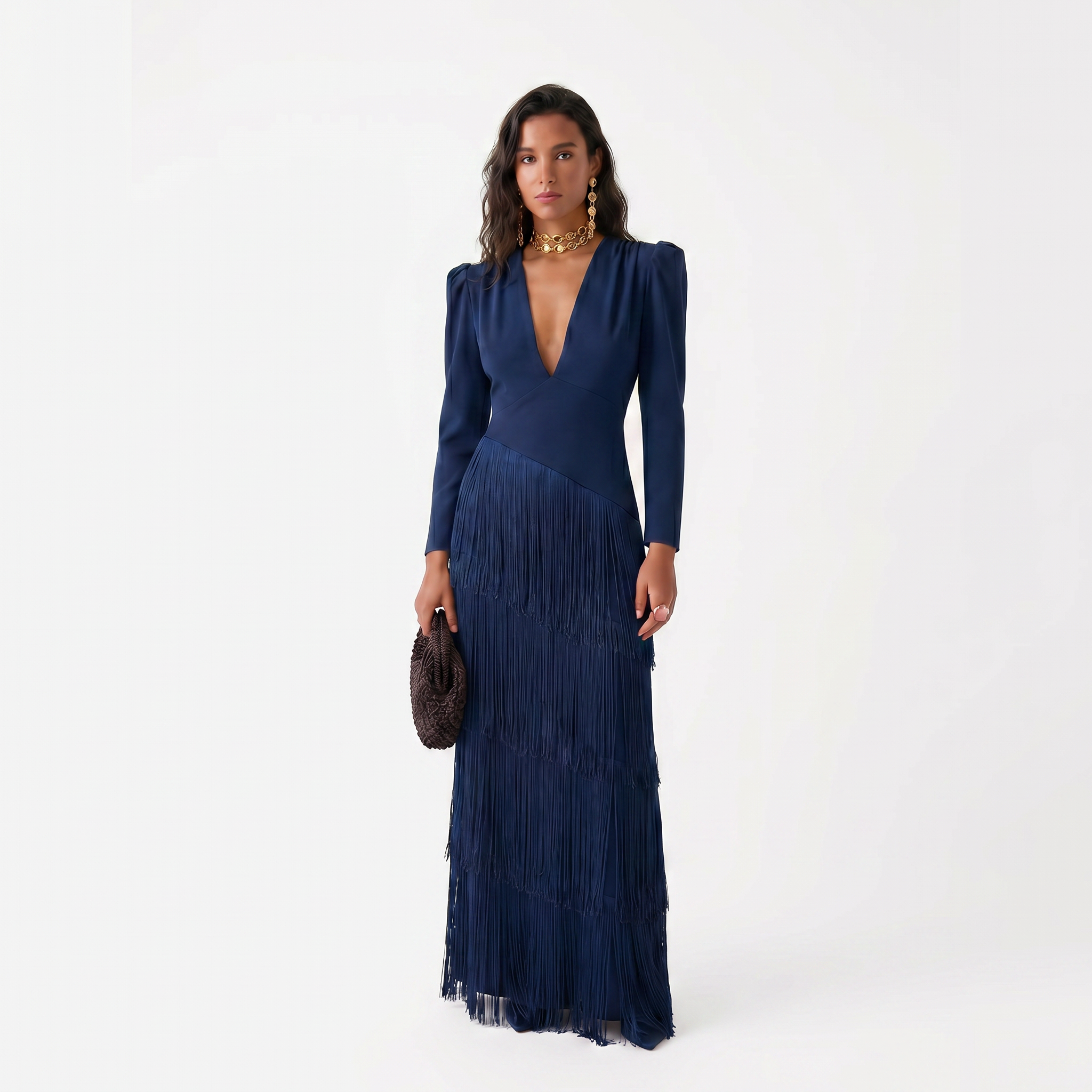 Tiered Fringe Maxi Dress with Long Sleeves and V-Neckline