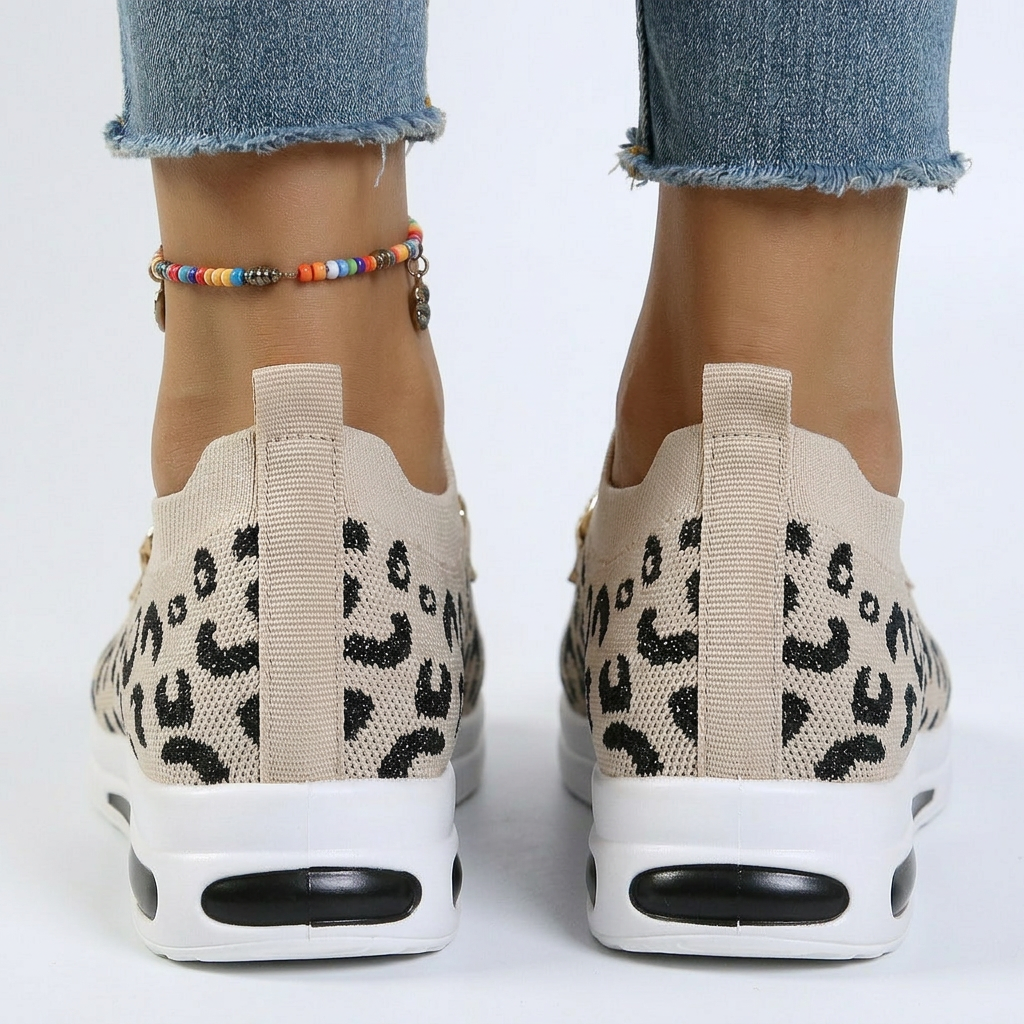 Stella - Leopard Print Slip-On Sneakers with Gold Chain Detail