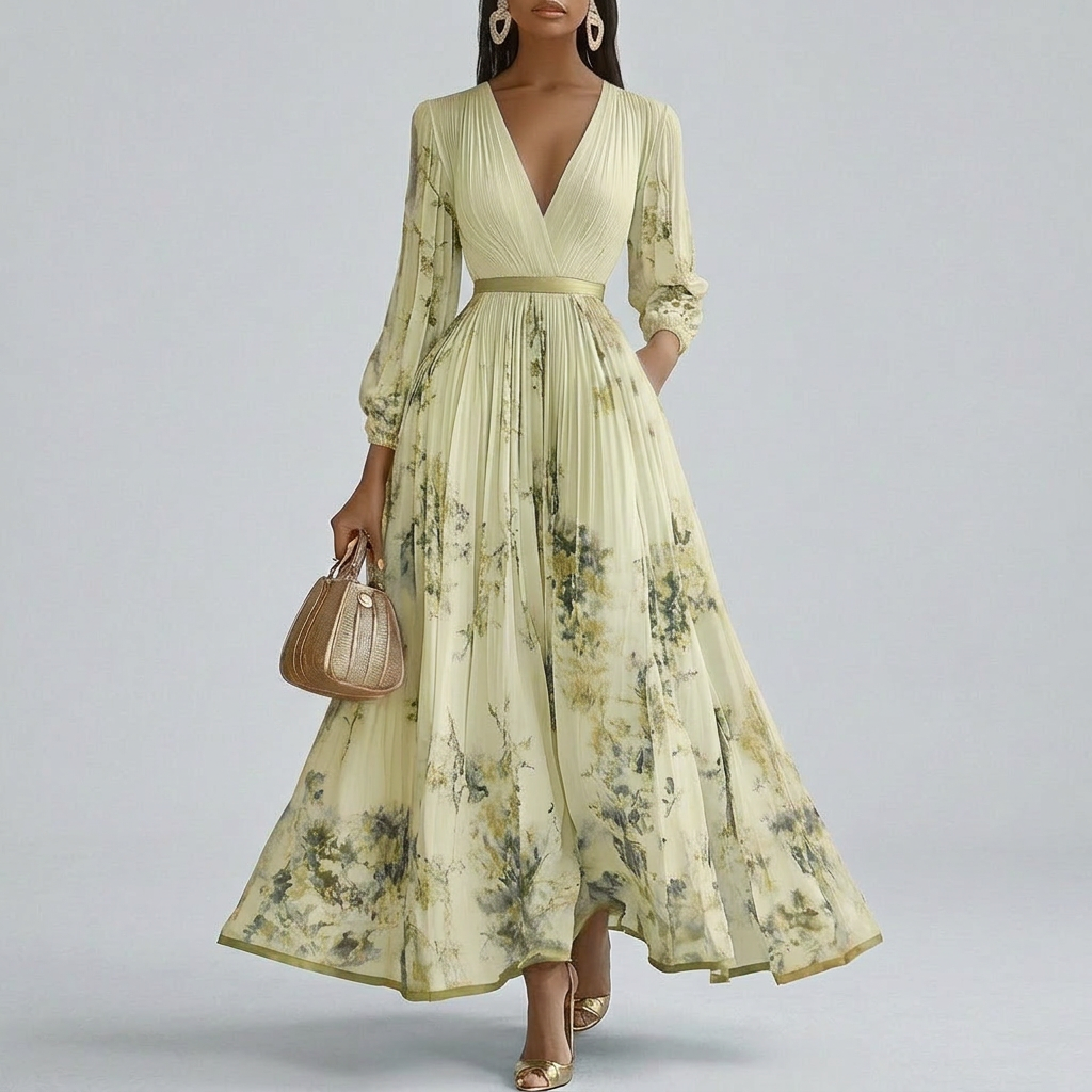 Flora - Floral Print Long Sleeve V-Neck Maxi Dress