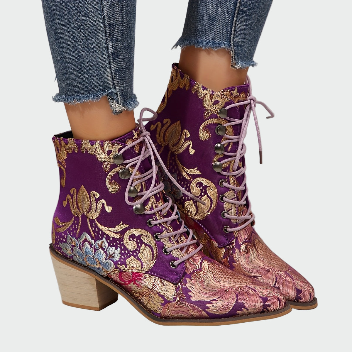 Sandra | Elegant Radiant Leather Ankle Boots with Flowers