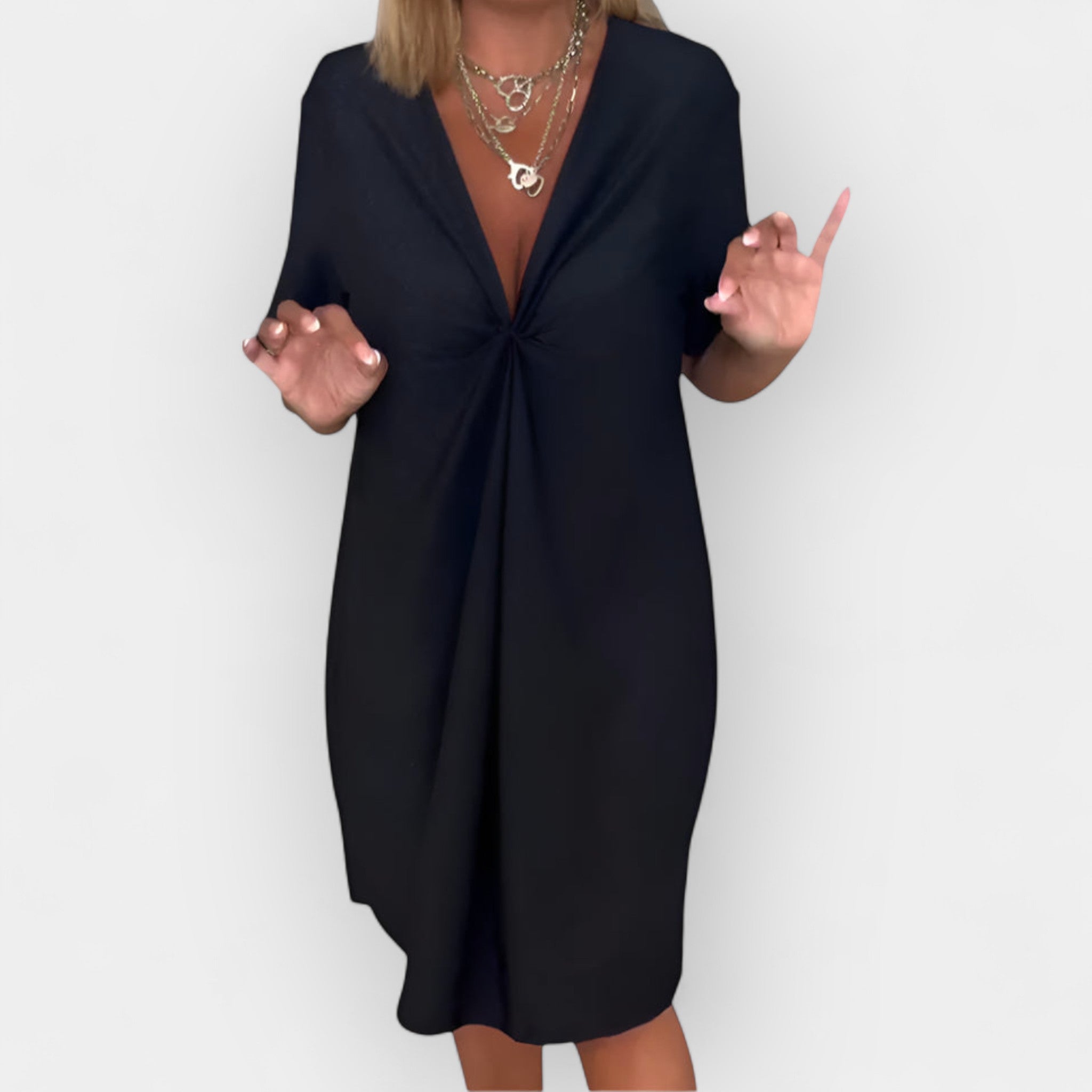 Elegant Dress with V-Neckline and Decorative Trim