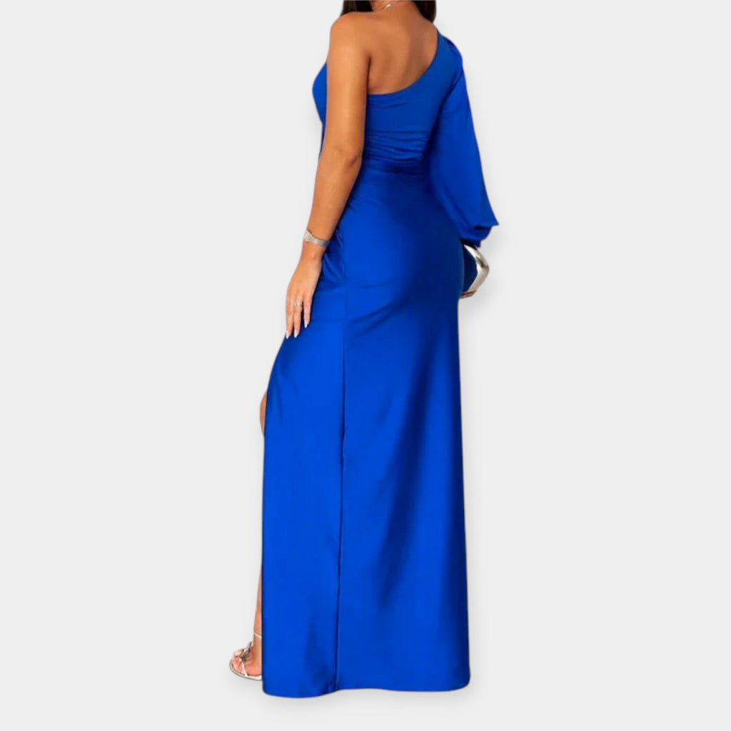 Long dress with asymmetric shoulder and slit