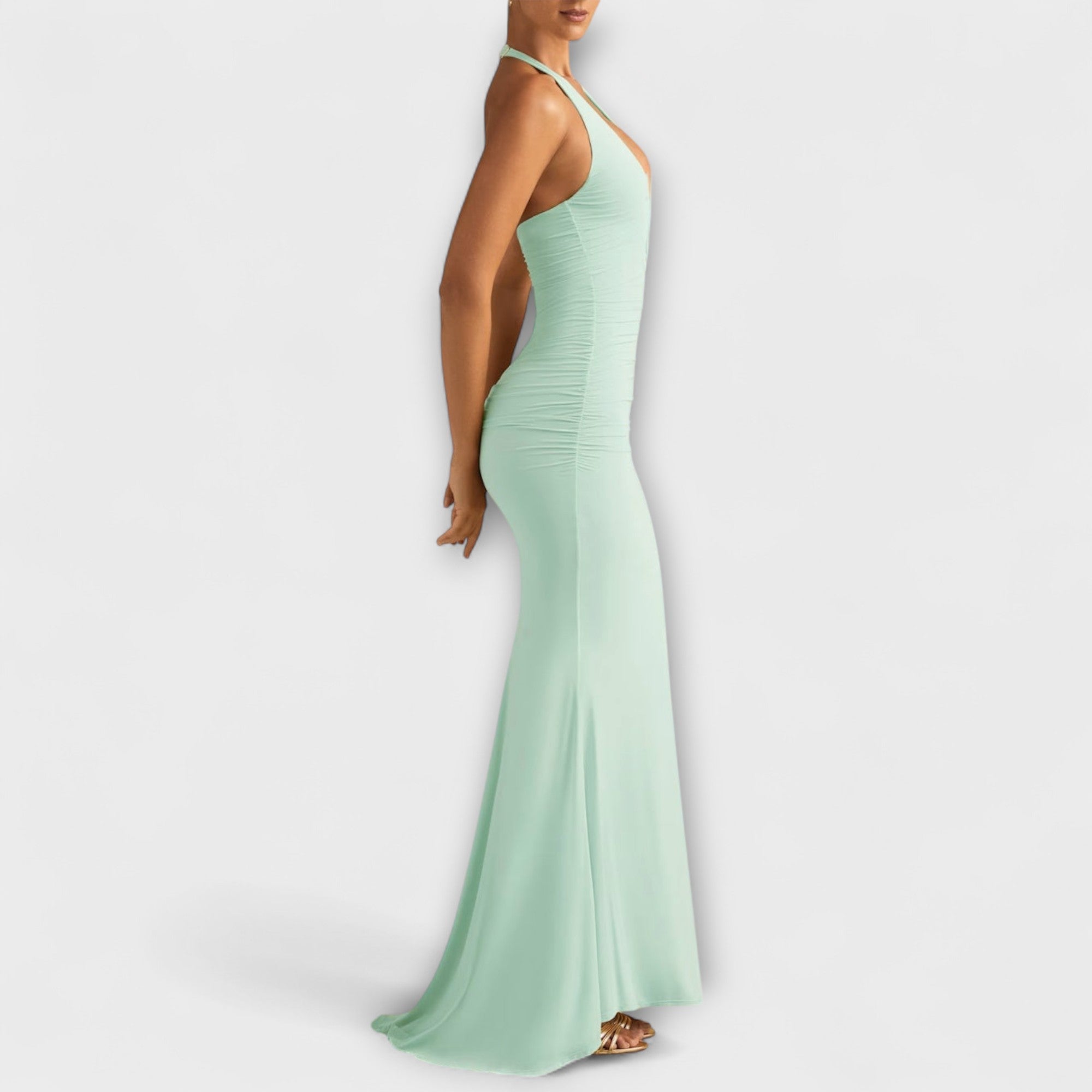 Elegant gala dress with an open back and impressive neckline