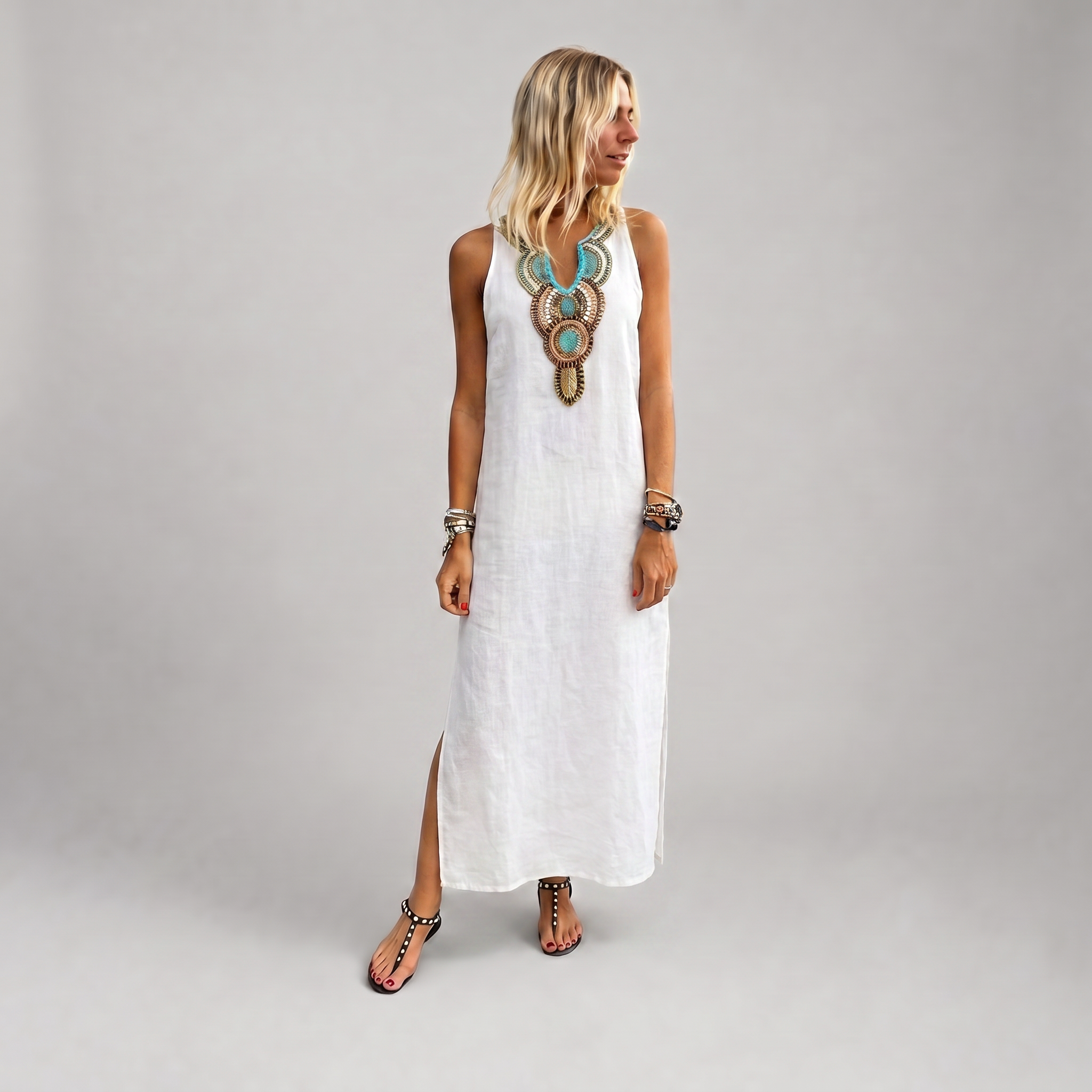 Linen V-Neck Maxi Dress with Side Slit