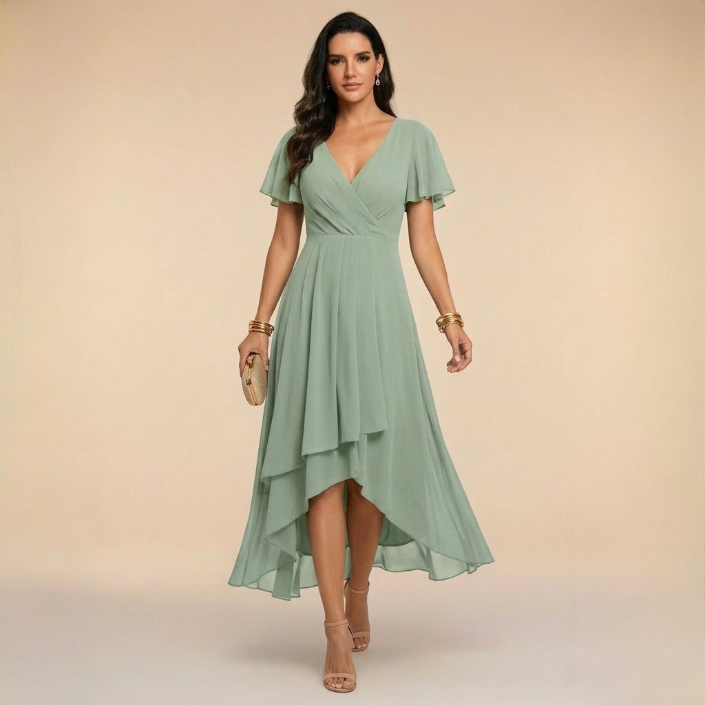 Aurora - Flutter Sleeve Wrap High-Low Midi Dress