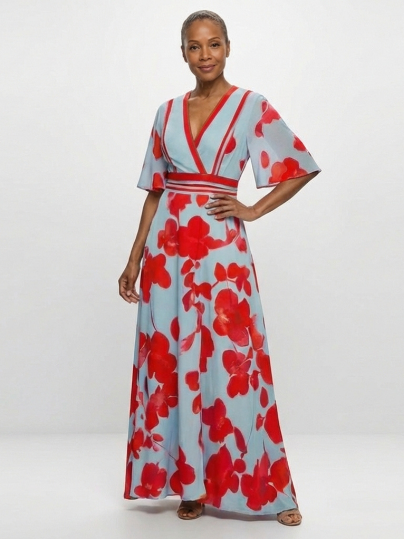 Corinne | Floral V-Neck Short Sleeve Maxi Dress