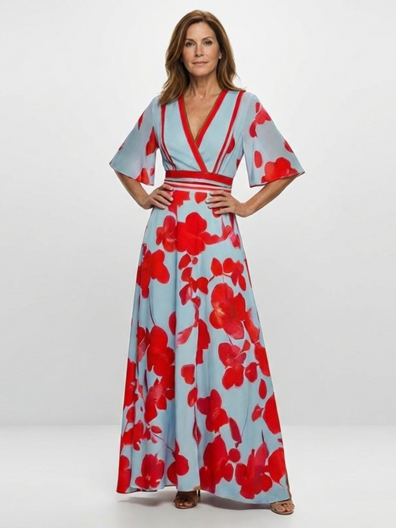Corinne | Floral V-Neck Short Sleeve Maxi Dress