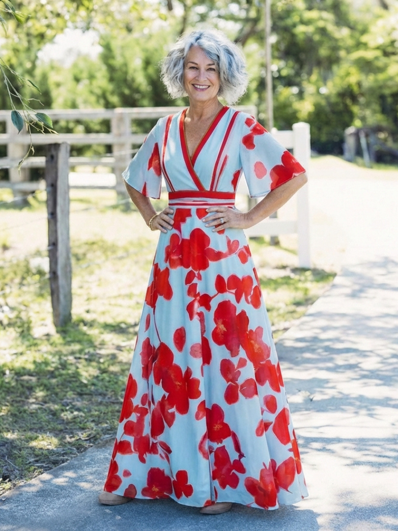 Corinne | Floral V-Neck Short Sleeve Maxi Dress