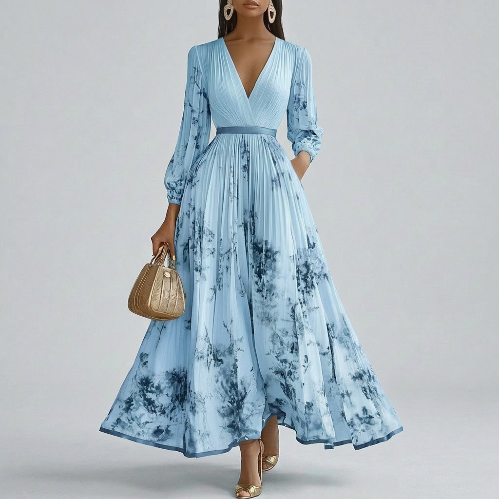 Flora - Floral Print Long Sleeve V-Neck Maxi Dress