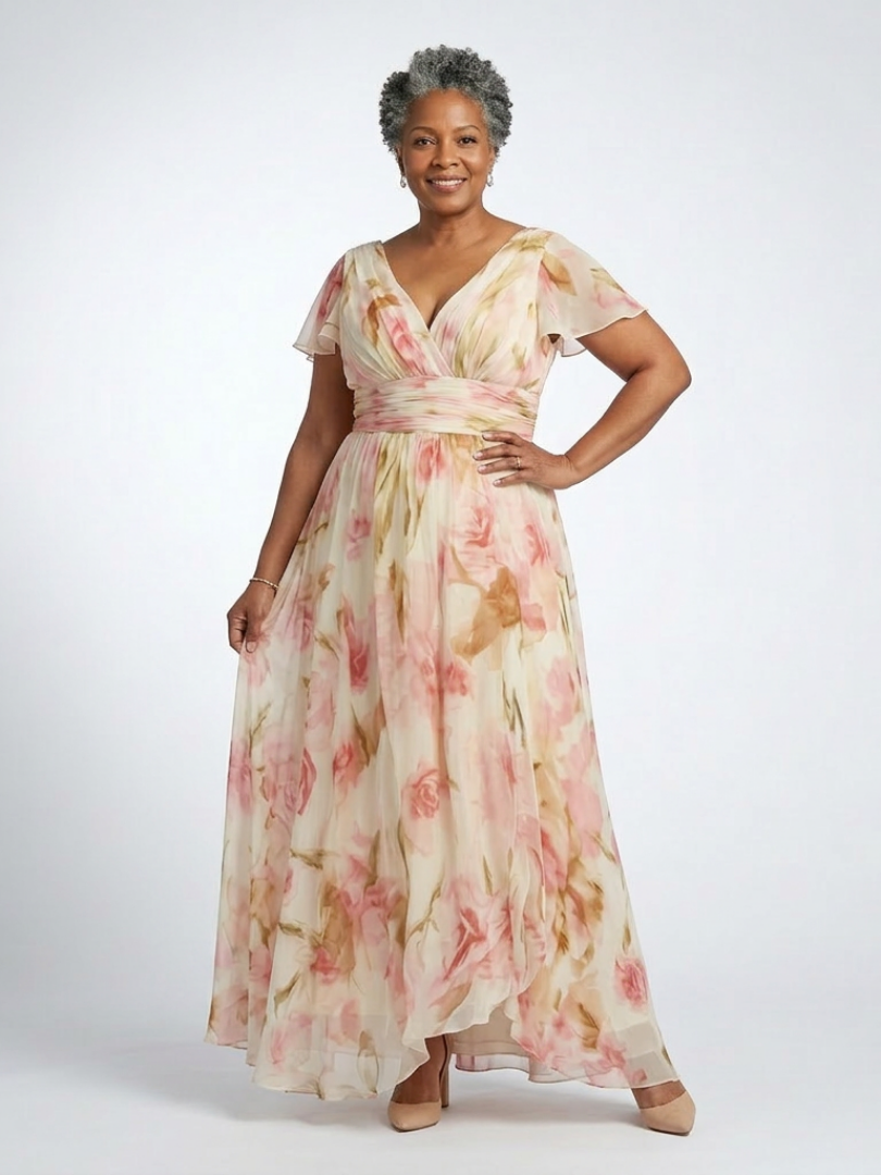 Elara | Floral Short Sleeve V-Neck Maxi Dress