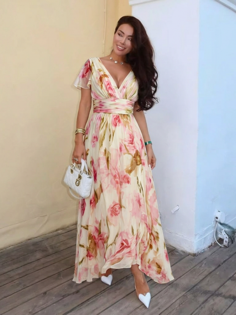 Elara | Floral Short Sleeve V-Neck Maxi Dress